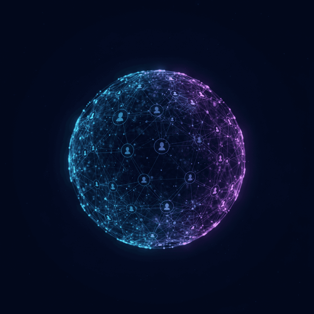 A glowing 3D sphere of connected people profiles